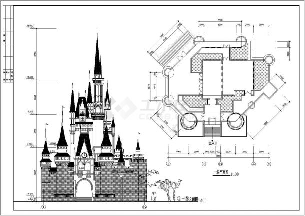 某一层框架结构欧洲风格城堡设计cad建筑方案图纸 (标注详细)-图二