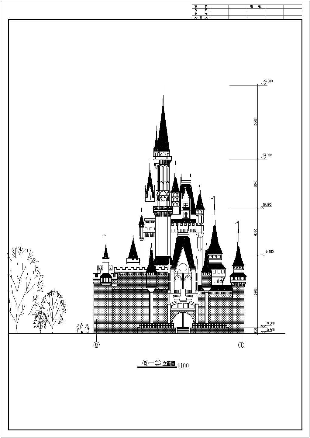 某一层框架结构欧洲风格城堡设计cad建筑方案图纸 (标注详细)