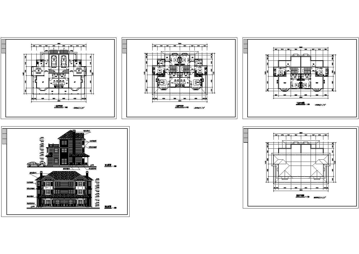 大型双联A型北向别墅建筑详细设计方案施工CAD图纸