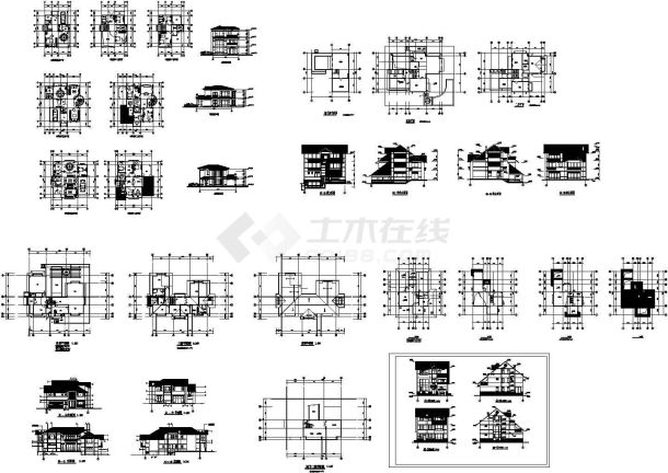 某现代几套小型别墅建筑方案设计详细施工CAD图纸-图一