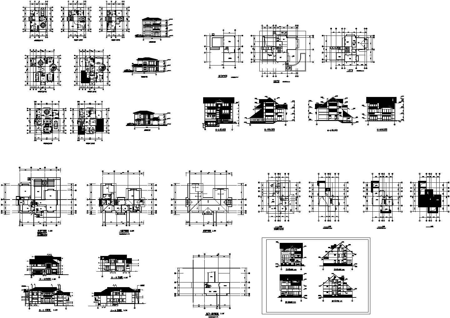 某现代几套小型别墅建筑方案设计详细施工CAD图纸