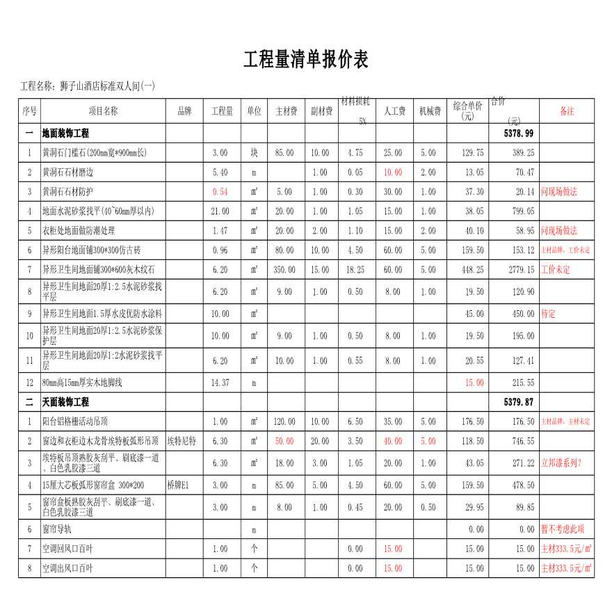 某酒店标准双人间工程量清单报价表-图一