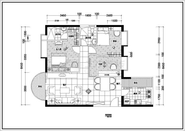 某三室住宅室内装修设计cad施工图纸-图二