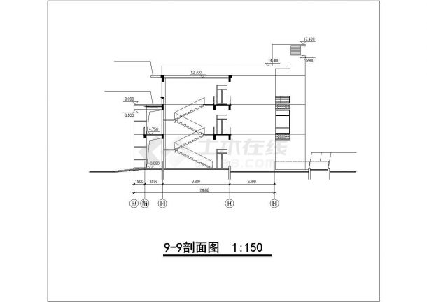 衡阳市某商业街1700平米3层框架结构步行街立剖面设计CAD图纸-图二