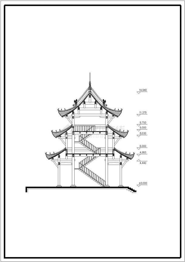某重檐型寺庙古建筑修复性设计cad详细方案图（含设计说明）-图二