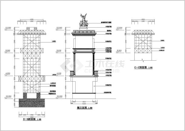 青岛市某美食城入口大门的钢框架结构门楼施工设计CAD图纸-图一