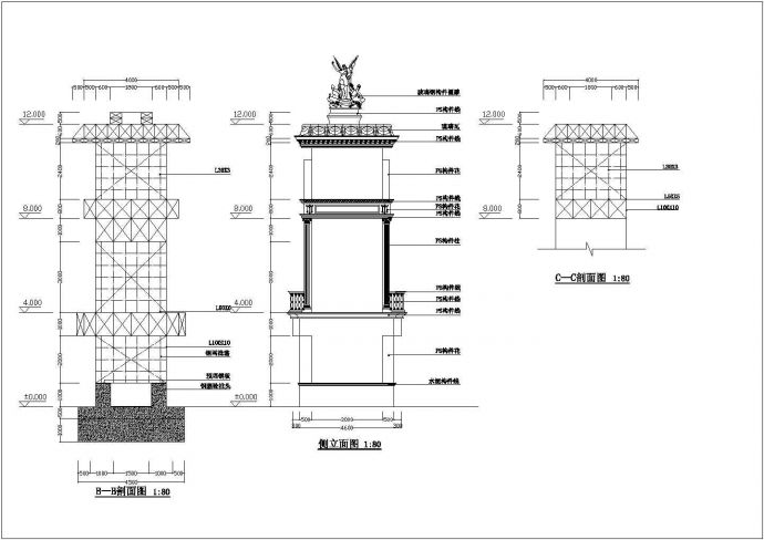 青岛市某美食城入口大门的钢框架结构门楼施工设计CAD图纸_图1
