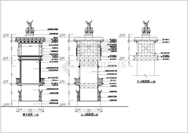 青岛市某美食城入口大门的钢框架结构门楼施工设计CAD图纸-图二