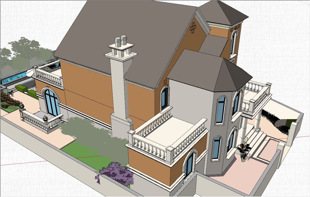 现代简约独栋庭院别墅模型