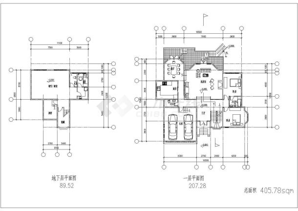 某二层带地下层砖混结构坡地独栋别墅设计cad建筑方案图（含总平面及效果图）-图二