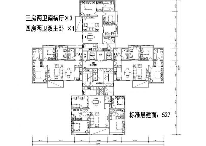 527平方米高层一梯四户住宅户型设计cad图(含效果图)_图1