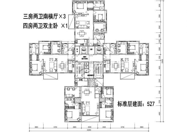 527平方米高层一梯四户住宅户型设计cad图(含效果图)-图二