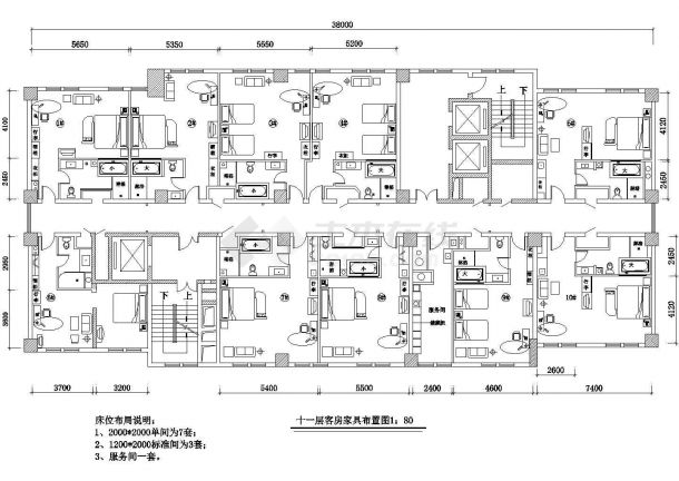 遂宁市某星级酒店客房层全套装修施工设计CAD图纸（每层1100平米）-图一