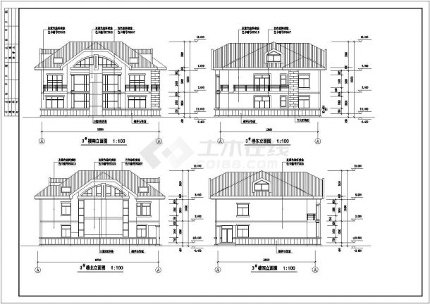 某二层带阁楼层框架结构别墅式疗养房设计cad全套建筑施工图（标注详细）-图二