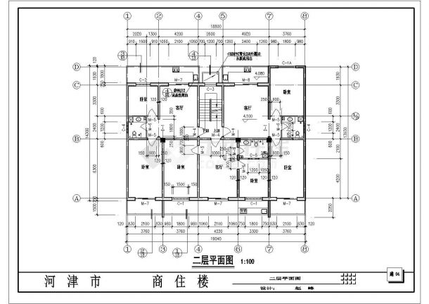 1400平米6层混合结构商住楼建筑设计CAD图纸（1层2户/底层商用）-图二