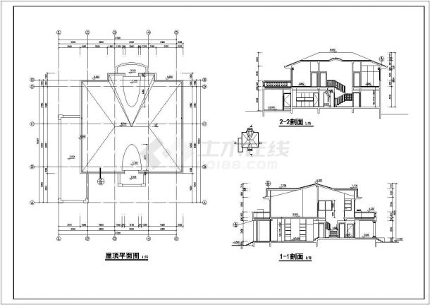 某二层砖混结构欧式别墅设计cad全套建施图纸（标注详细）-图二