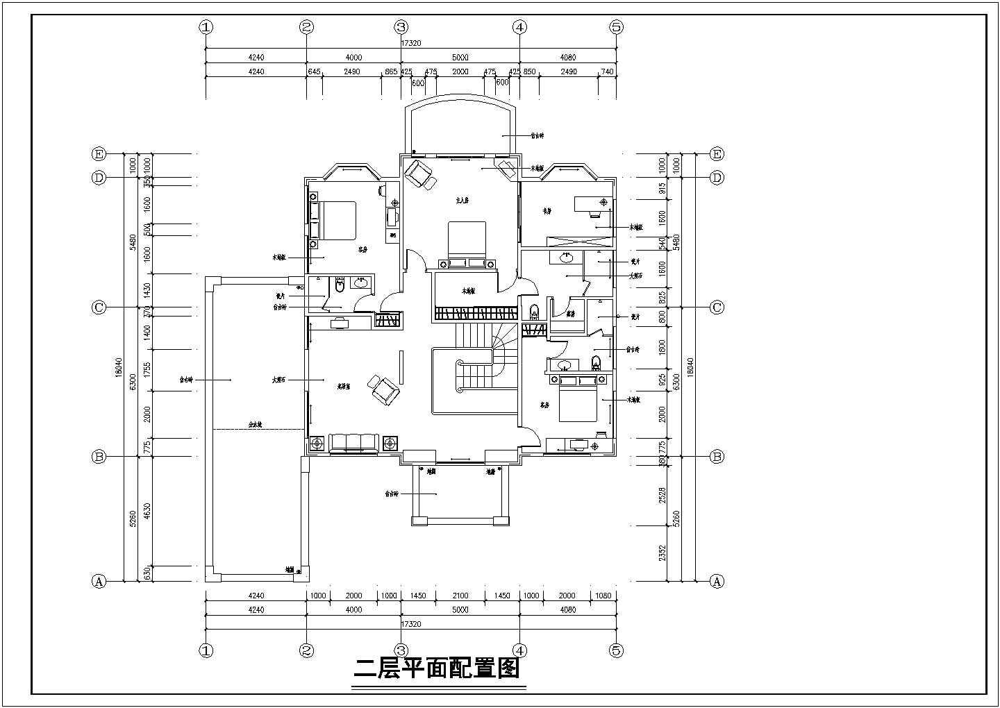 某二层砖混结构欧式别墅设计cad全套建施图纸（标注详细）