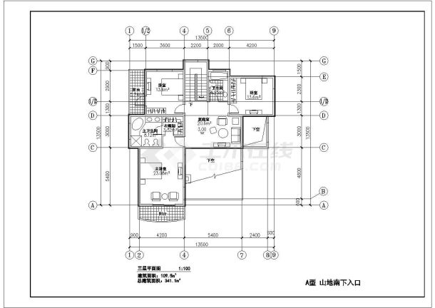 南京某三层框架结构山地别墅设计cad建筑方案图（甲级院设计）-图一