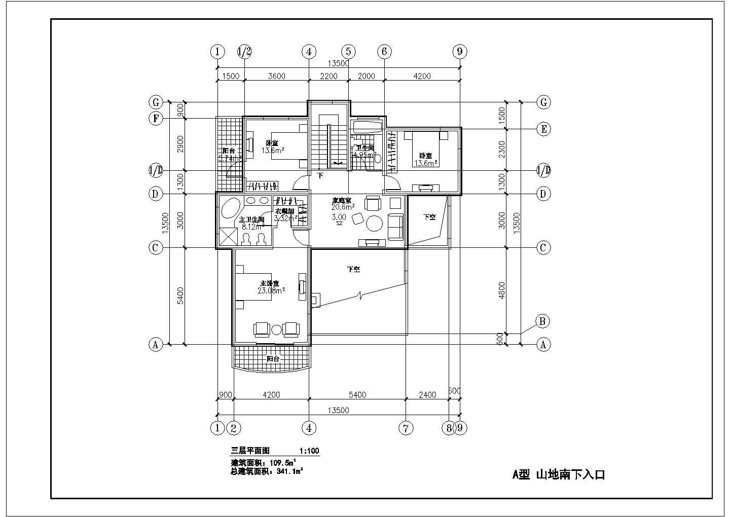 南京某三层框架结构山地别墅设计cad建筑方案图（甲级院设计）