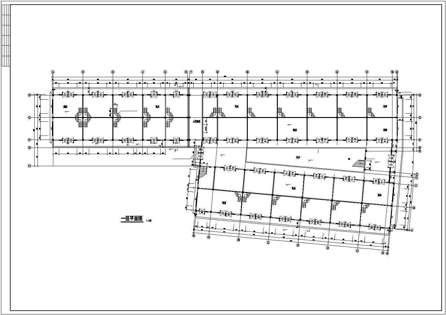 4400平米3层框架结构商业步行街墙体建筑设计CAD图纸