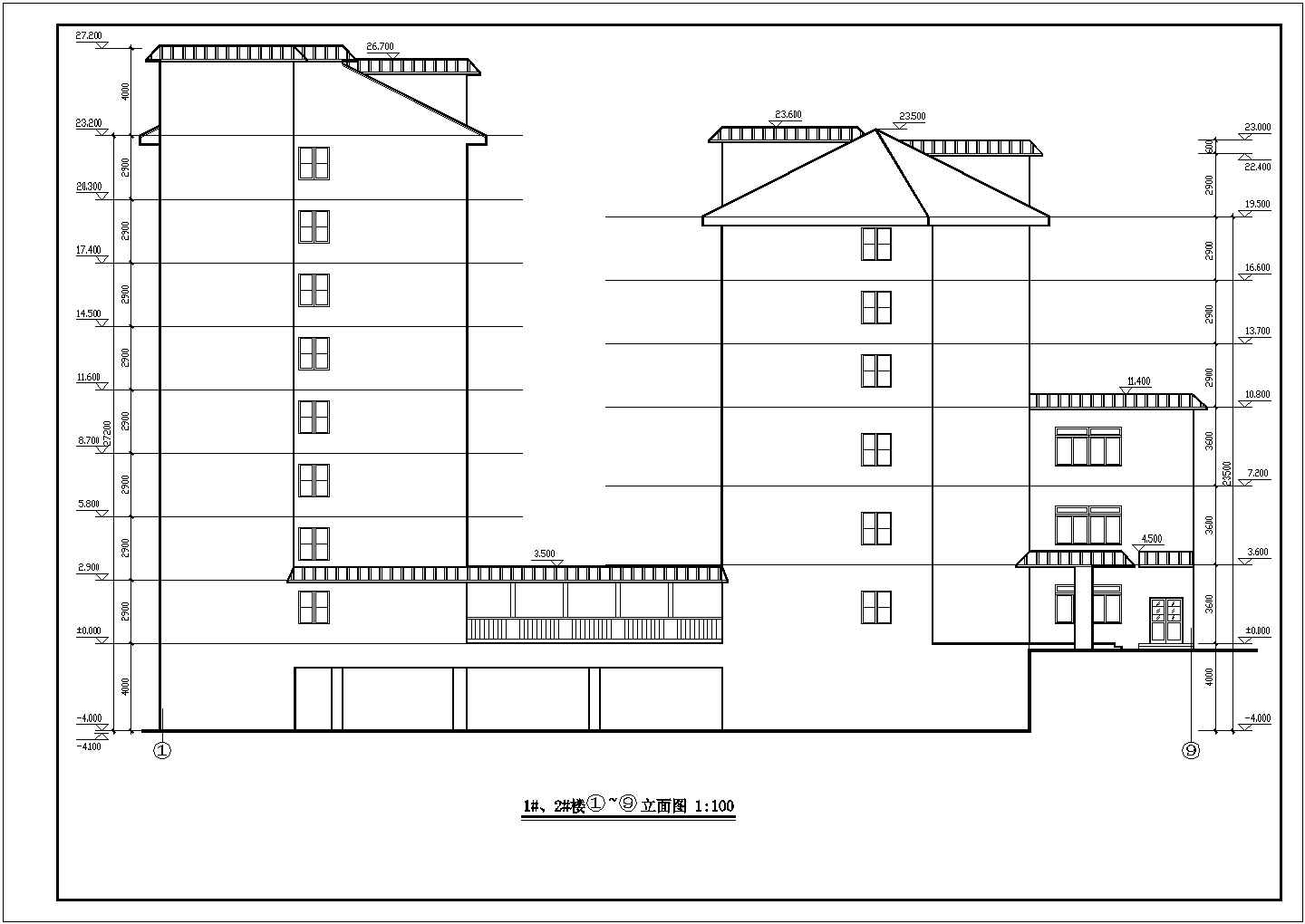 9300平米八层框架结构商务大酒店墙体建筑设计CAD图纸