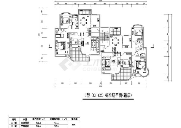 某地大型居住小区7种户型建筑设计cad图-图二