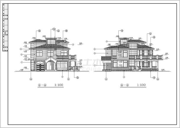 三层别墅建筑设计施工立剖面CAD参考图-图二