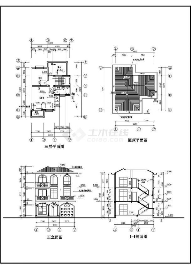 常德市柳叶湖度假区别墅（三层框架结构多坡顶型）设计cad建筑施工图（含设计说明）-图二