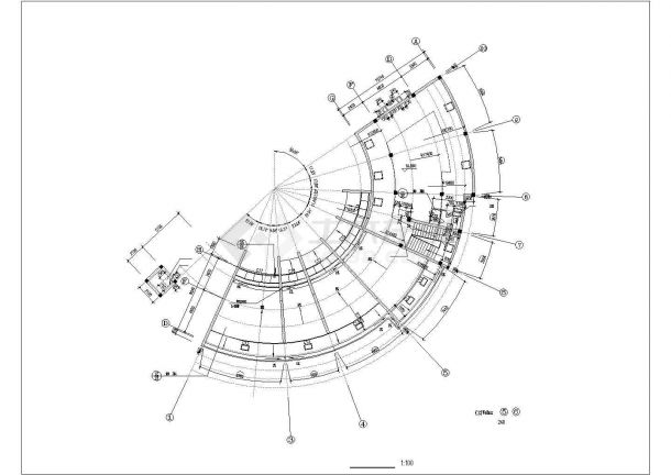 某小区2600平3框混扇形结构休闲会所建筑设计CAD图纸（含地下室和阁楼）-图一