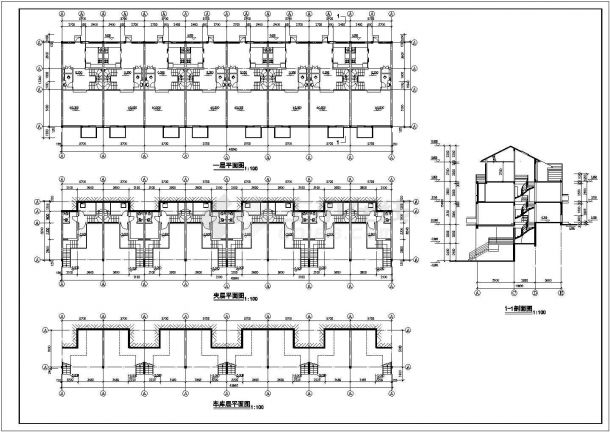 2100平米3层框混结构住宅楼平立剖面设计CAD图纸（含夹层和车库层）-图一
