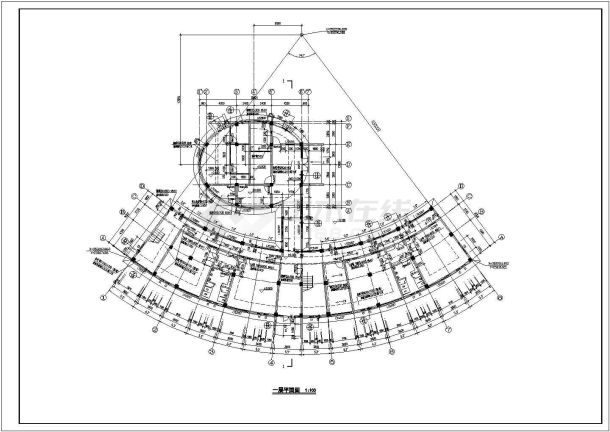 无锡市某小区1200平米4层框架扇形结构休闲会所平立面设计CAD图纸-图二