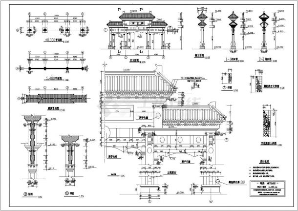 西安市长安区某美食城大型牌楼建筑设计CAD图纸-图一