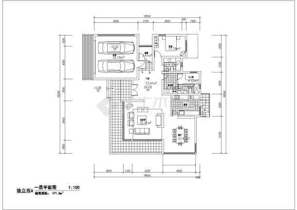 某二层砖混结构独立西A型别墅（建筑面积298.1平方米）设计cad建筑方案图（甲级院设计）-图一