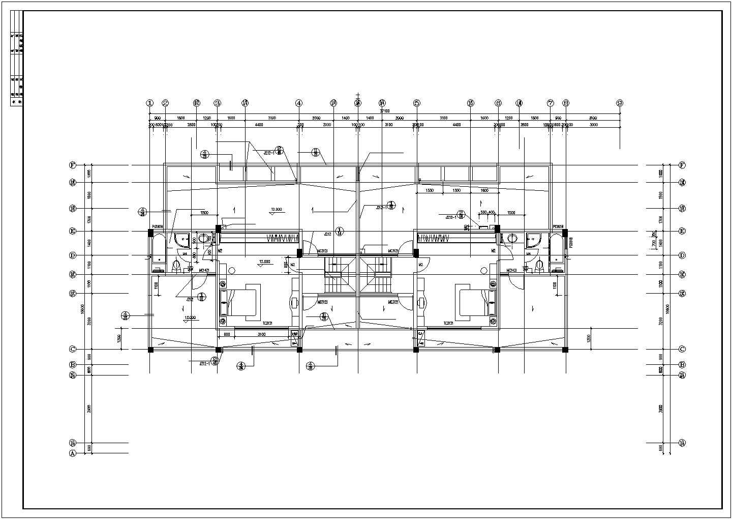 1300平米五层框混结构住宅楼全套平面设计CAD图纸（1层2户）