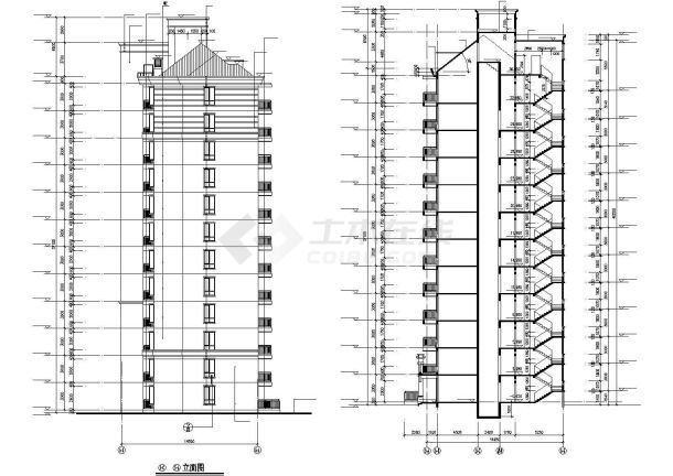 三栋12层框架结构连排住宅楼立剖面设计CAD图纸（每栋7500平米）-图二