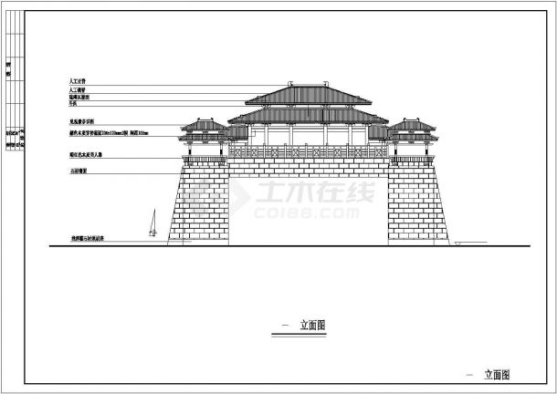 某地区仿古古城门建筑详细设计施工方案CAD图纸-图二