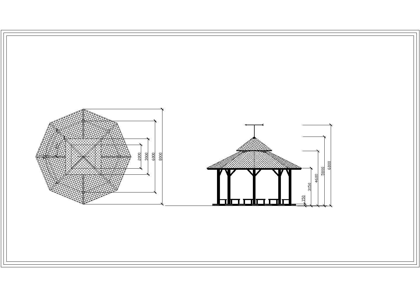 三亚市某海滩小型木质八角亭平立面设计CAD图纸