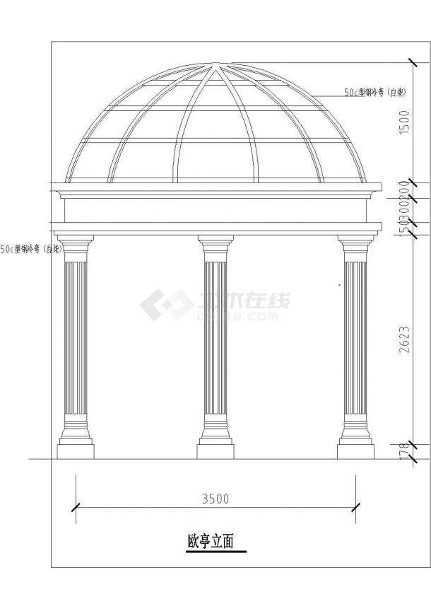 兰州市某广场内部简约型欧式亭子建筑设计CAD图纸-图二