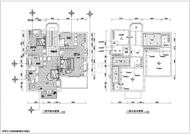 某四层框架结构别墅现代风格室内装修设计cad全套施工图（标注详细）-图二