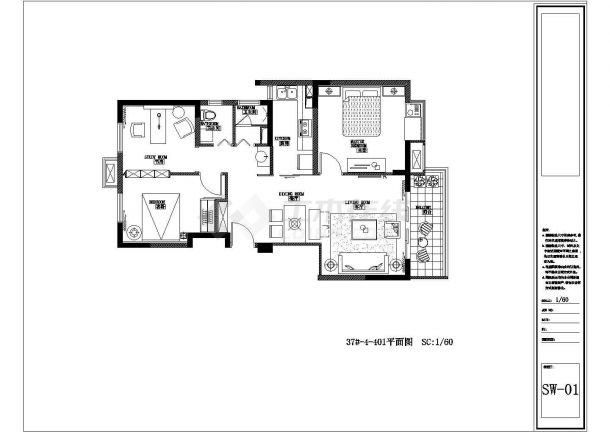 某住房三室一厅内装修设计CAD施工图纸-图二