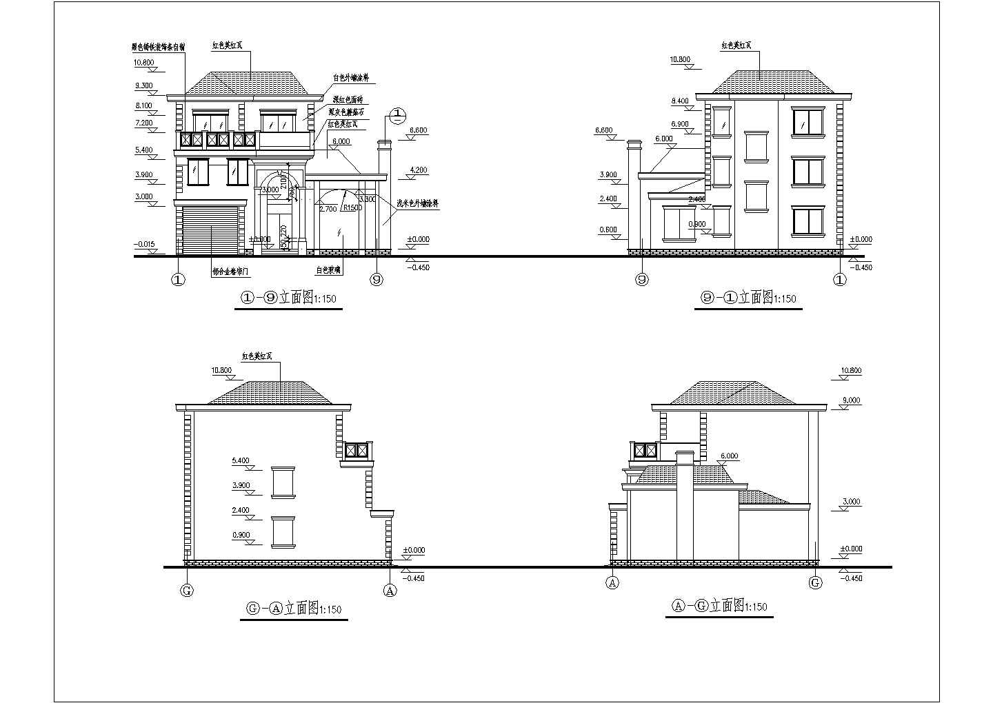 某三层砖混结构新农村坡屋顶独栋别墅设计cad全套建施图（含设计说明，含结构设计，含效果图）