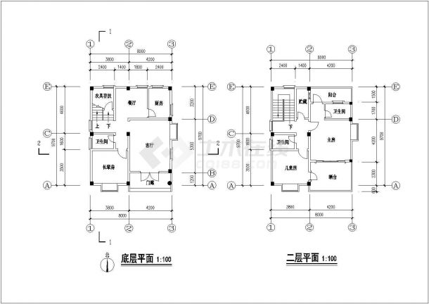 某二层框架结构单家独院式新农村别墅（占地面积77.6平方米）设计cad全套建筑施工图（含设计说明，含效果图）-图二