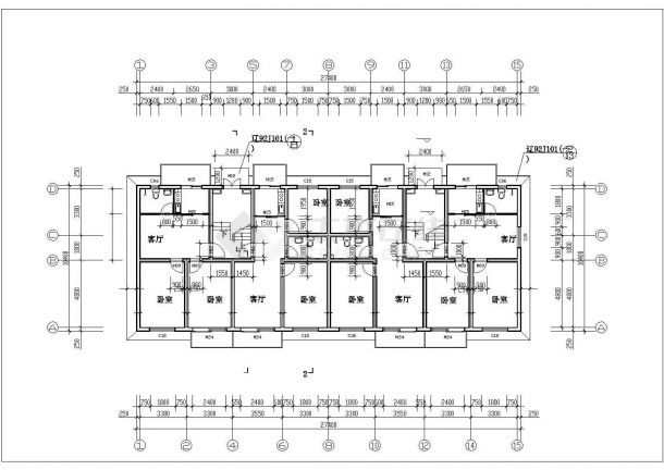 1900平米五层砖混结构住宅楼平立剖面设计CAD图纸（含阁楼层）-图二