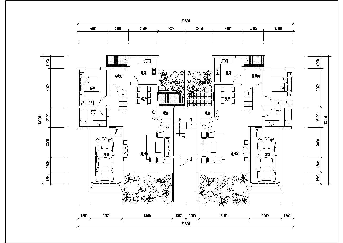 1千平米左右4层混合结构民居住宅楼平面设计CAD图纸（1层2户）