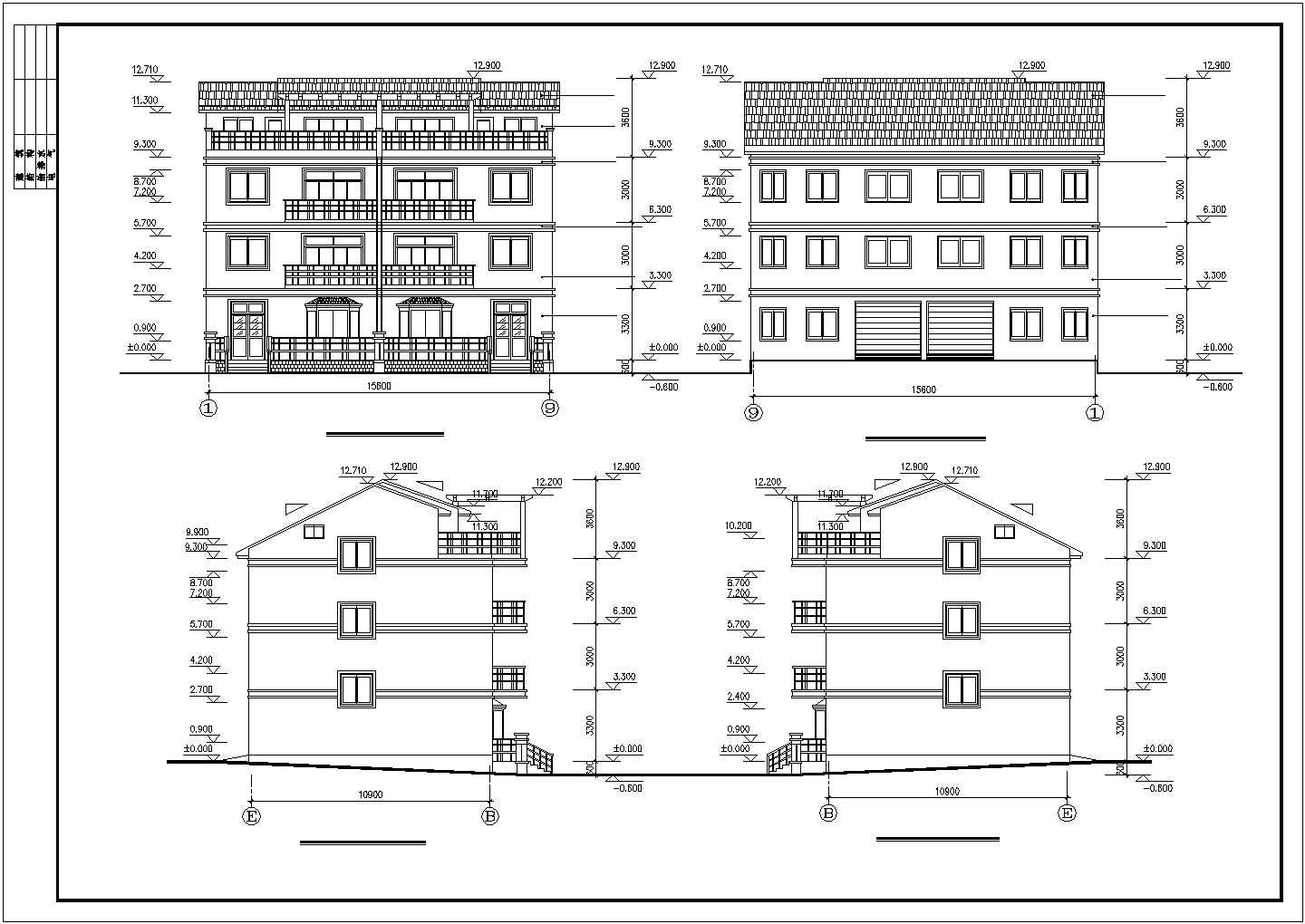 540平米4层砖混结构双拼住宅楼全套建筑设计CAD图纸（含阁楼）