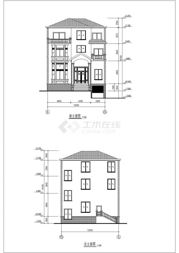 某二层半框架结构新农村独栋别墅设计cad全套建筑施工图（含设计说明，含效果图）-图二