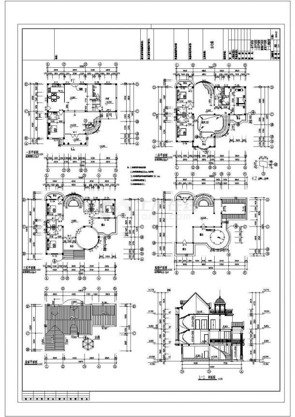 某三层框架结构欧式度假别墅设计cad全套建筑施工图（含设计说明，含效果图）-图二