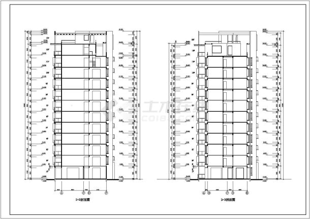 南京某小区9500平米13层框混结构住宅楼平立剖面设计CAD图纸-图二