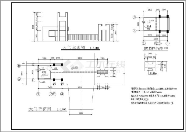 某标准型大门建筑结构详细施工设计方案CAD图纸-图二