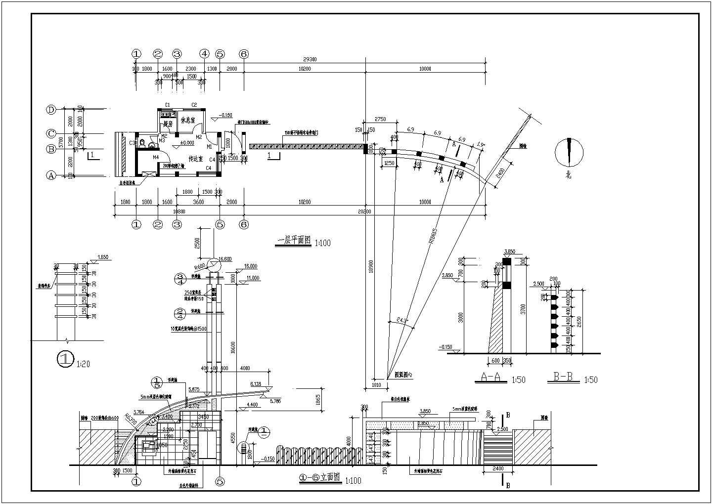 某地区标准型中学大门建筑详细施工设计方案CAD图纸